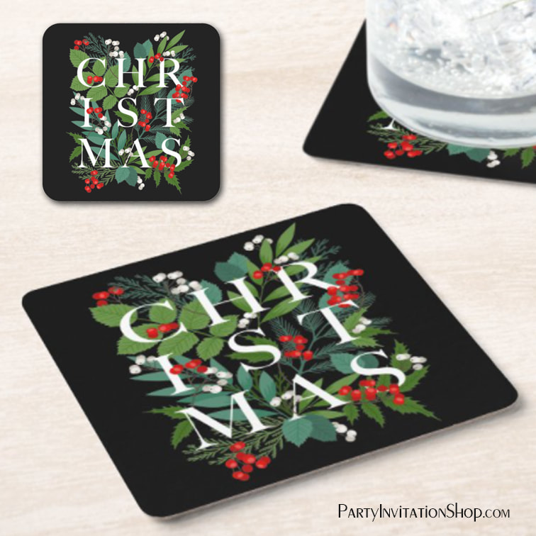 CHRISTMAS Berries Greenery Holiday Black Square Paper Coasters