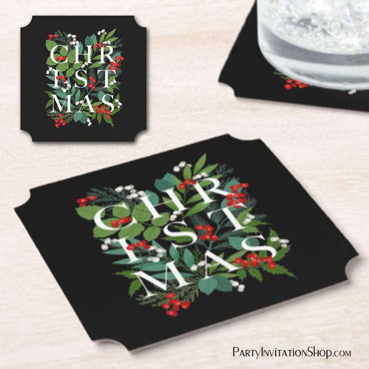 CHRISTMAS Greenery Berries Holiday Black Paper Coaster