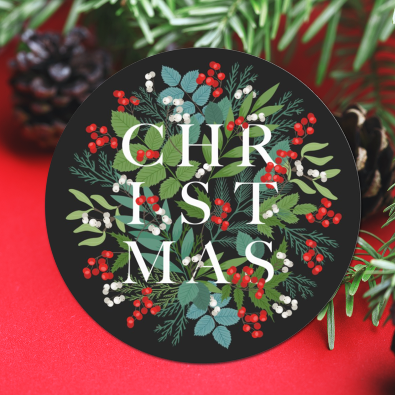 CHRISTMAS Berries Greenery Holiday Black Classic Round Sticker