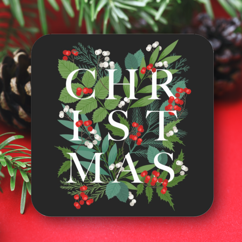 CHRISTMAS Greenery Berries Holiday Black Square Sticker