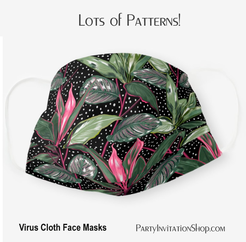 Hawaiian Tropical Leaves White Dots on Black Cloth Face Mask