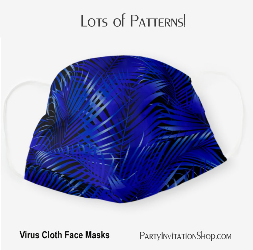 Tropical Royal Blue Palm Fronds on Black Cloth Face Mask