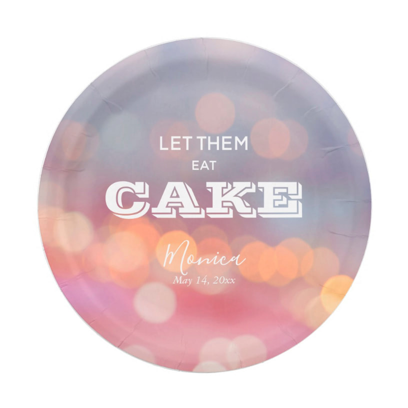 Colorful bokeh (blurred lights) LET THEM EAT CAKE paper plates - Collection includes invitations for any age birthday celebration, wedding anniversary invitations and more. See it all at PartyInvitationShop.com