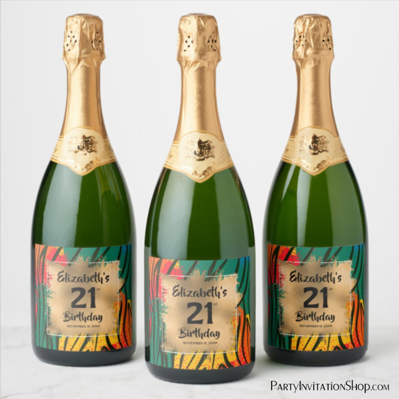 Colorful Animal Print 21st Birthday Personalized Champagne Labels