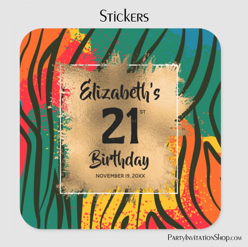 Colorful Animal Print 21st Birthday Personalized Square Stickers