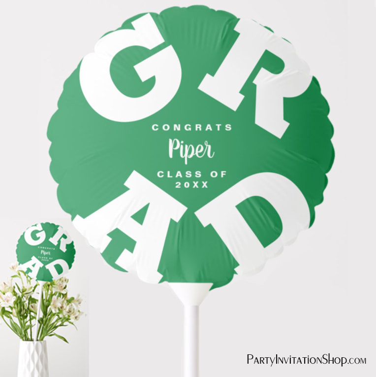 Congrats GRAD Green and White Personalized Party Balloon