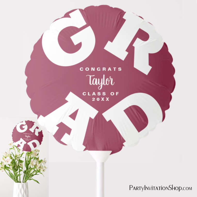 Congrats GRAD Maroon and White Personalized Party Balloon