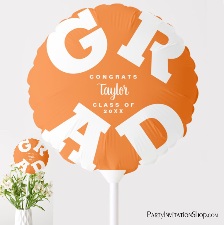 Congrats GRAD Orange and White Personalized Party Balloon
