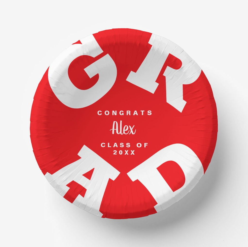 Congrats Grad Red and White Personalized Paper Bowls