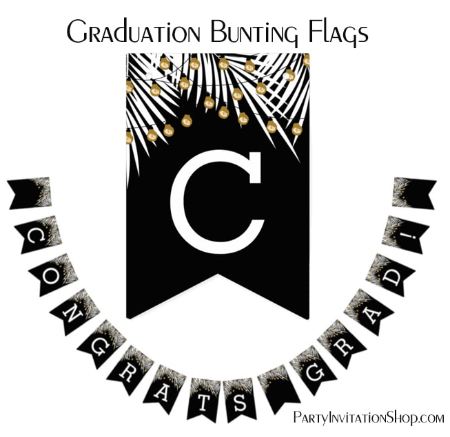 White Palms Gold Lights on Black Congrats Grad Bunting Flags