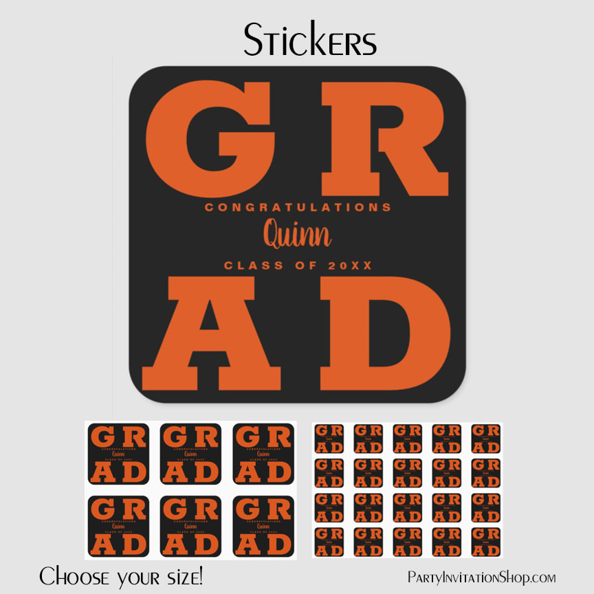 Orange on Black Graduation Party Stickers
