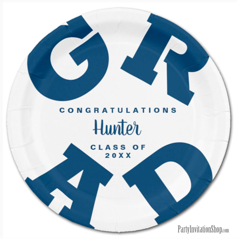 Navy Blue on White Graduation Personalized Paper Plates