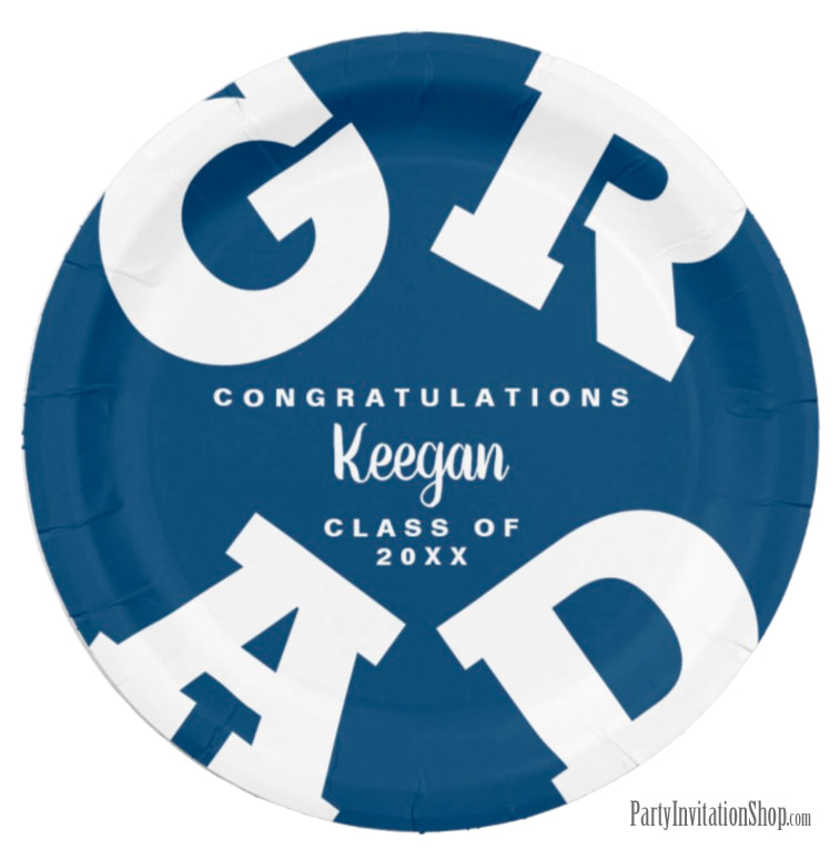 Dark Blue and White Personalized Graduation Paper Plates