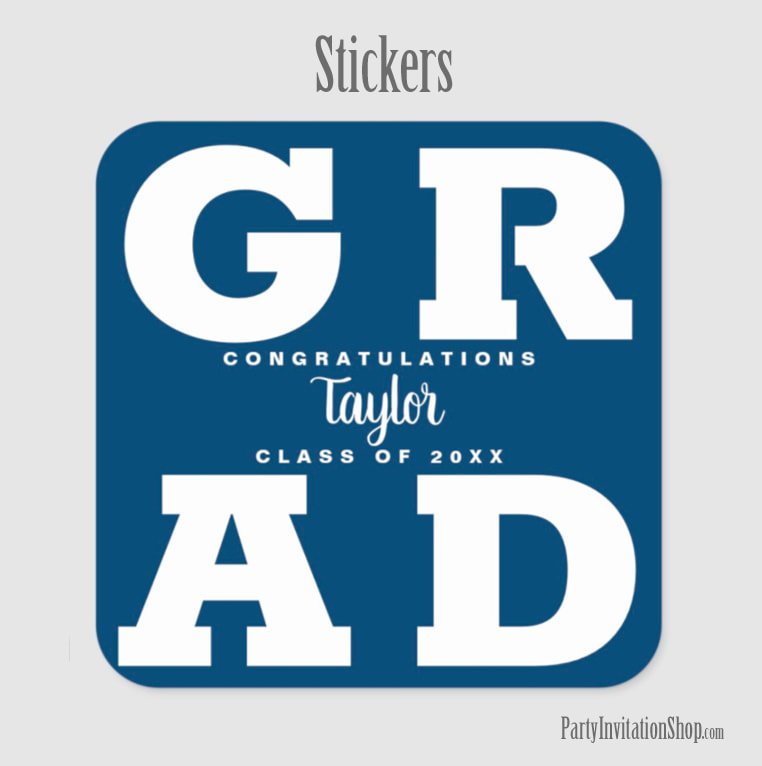 Congrats Grad White on Navy Blue Party Square Stickers