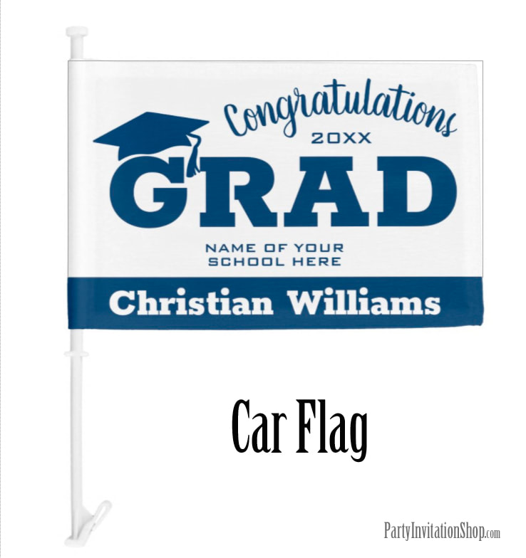 Congratulations Navy Blue on White Graduation Car Flag
