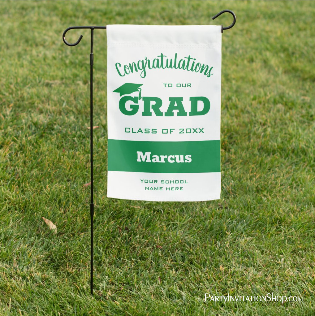 Congrats Grad Green on White Graduation Garden Flag