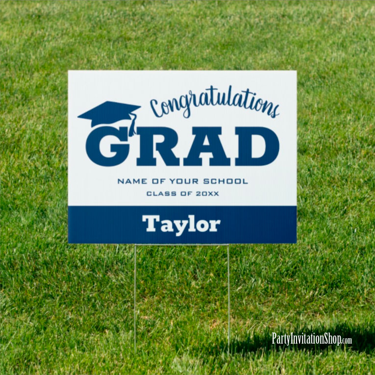 Congrats Grad Blue on White Graduation Yard Signs