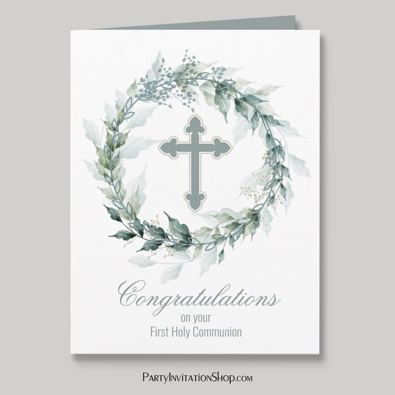 Cross Wreath First Communion Greeting Card