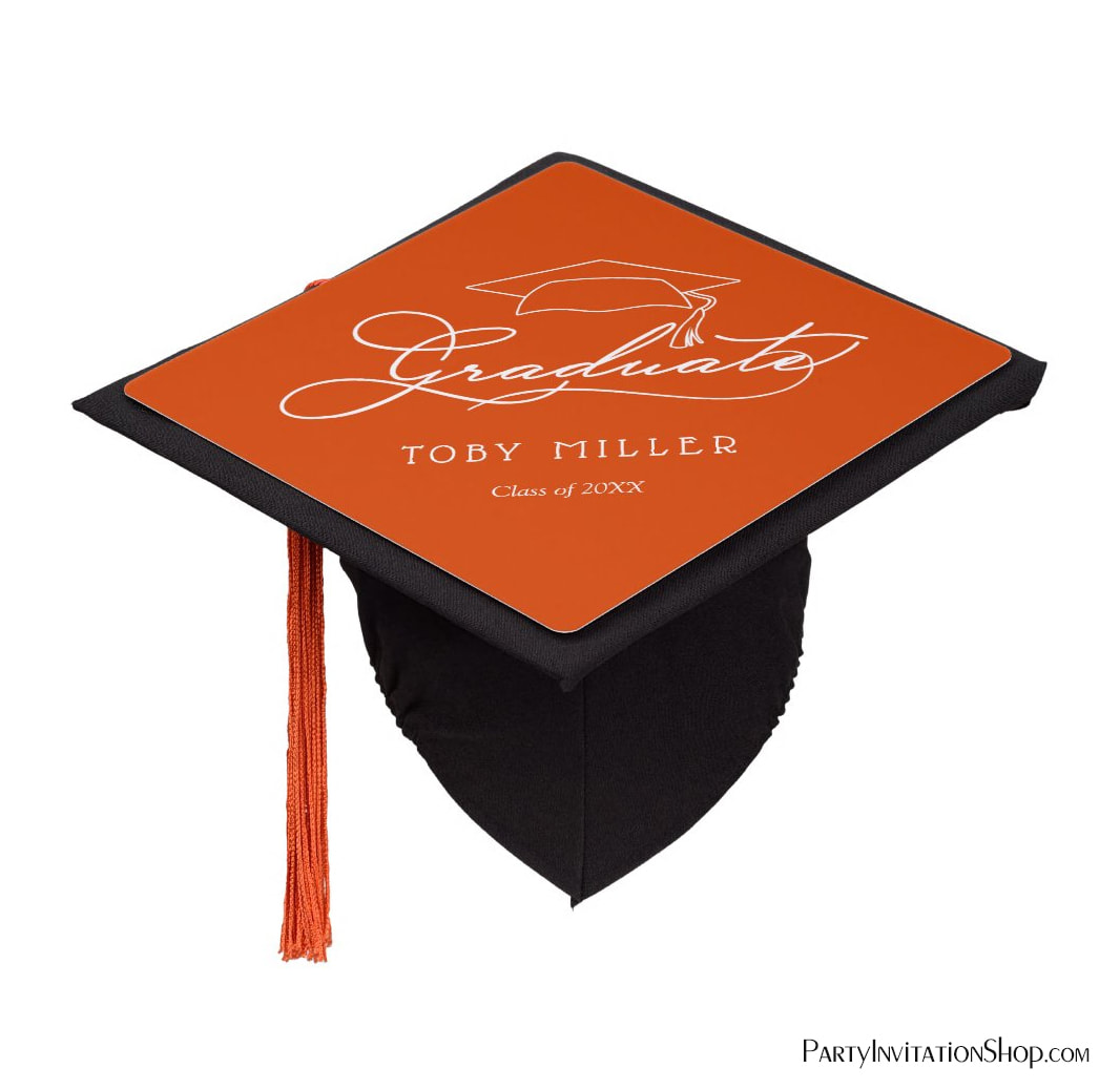 Custom Name Class of Graduate Script on Orange Graduation Cap Topper
