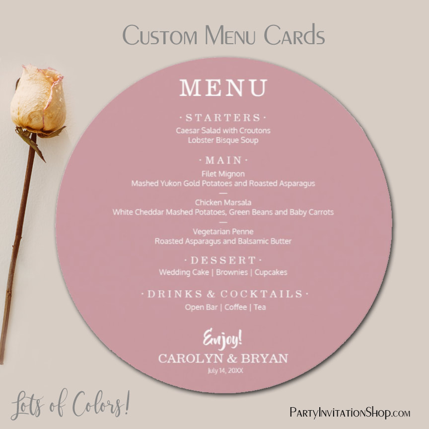 Simple Elegant Dusty Rose Round Wedding Dinner Menu Cards