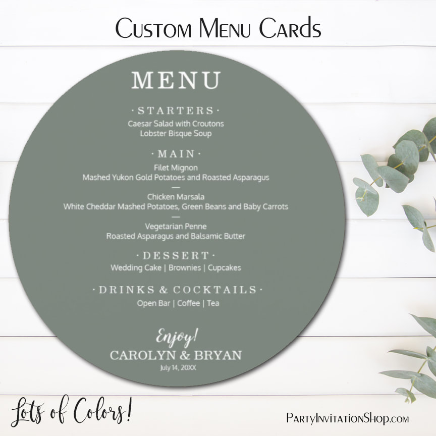 Simple Elegant Moss Green Round Wedding Dinner Menu Cards