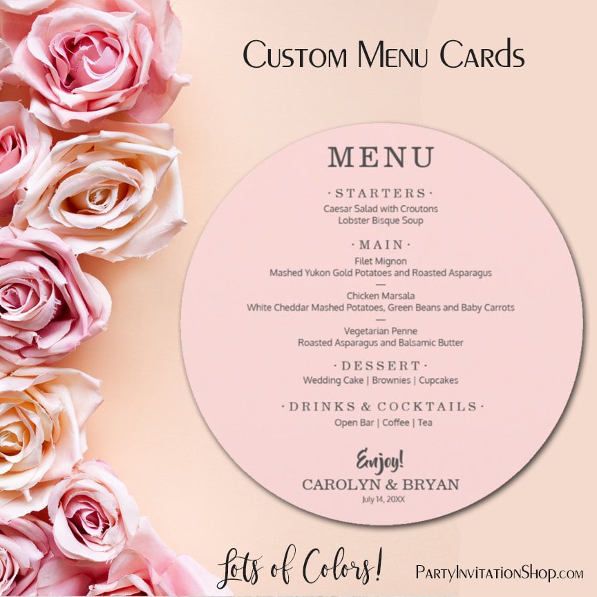 Simple Elegant Pink Round Wedding Dinner Menu Cards