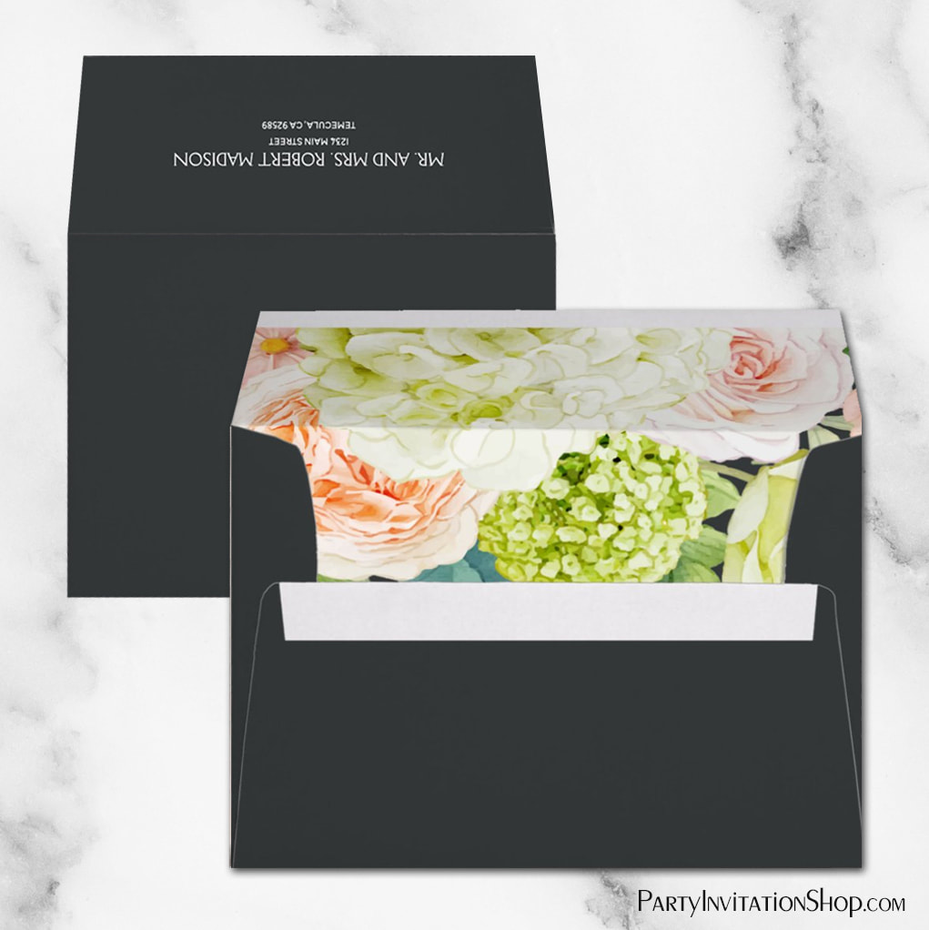 Chic Hydrangea Roses Floral Lined Dark Envelopes