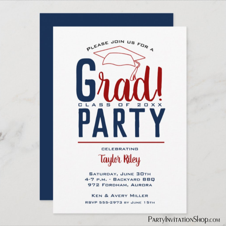 RAD graduation party invitations or graduation announcements in your school colors with a grad cap on the top, just change the wording to fit your event. Notre Dame Fighting Irish colors of blue and standard dome gold.  Use for college or high school graduation. LOTS OF COLOR combinations already pre-made ready to personalize with your information. Shop PartyInvitationShop.com