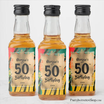 50th Birthday Gold on Zebra Print Mini Liquor Bottle Labels