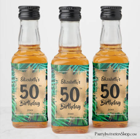 50th Birthday Gold on Tropical Plants Mini Liquor Bottle Labels