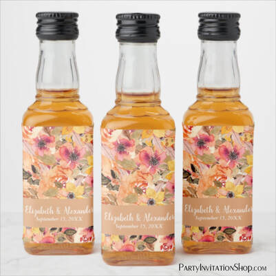 Autumn Watercolor Flowers Wedding Mini Liquor Bottle Labels