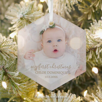 Baby's First Christmas Photo Hexagon Glass Ornament
