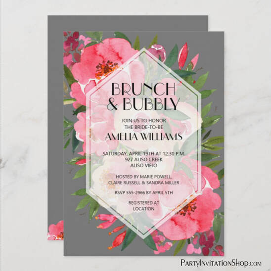 Pink Peonies Gray Brunch and Bubbly Bridal Shower Invitations