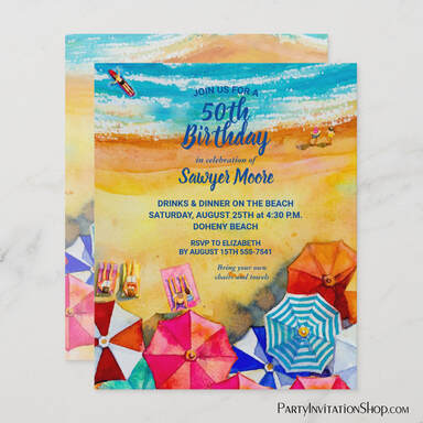 Budget Watercolor Beach Birthday Party Invitations