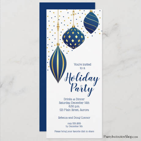 Holiday Party Invitations - Blue and Gold Christmas Ornaments