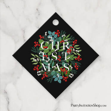 CHRISTMAS Greenery Berries Holiday Black Favor Tags