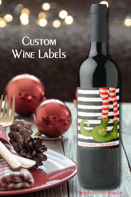 Christmas Elf Legs Black and White Stripes Personalized Wine Bottle Labels