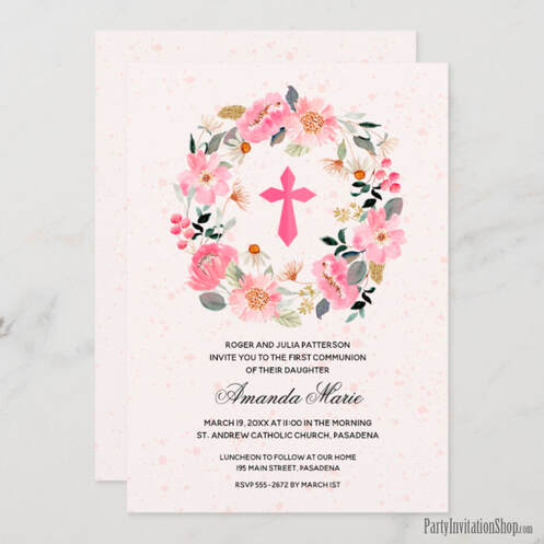 Girl First Communion Watercolor Pink Floral Invitations