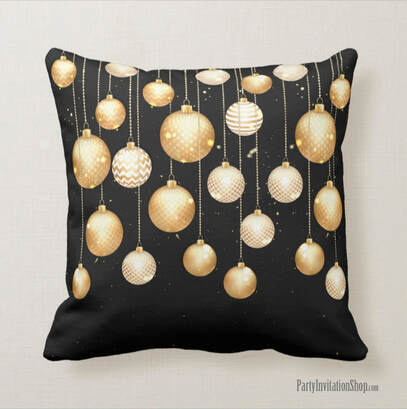 Throw Pillow with Gold Baubles Christmas Tree Ornaments - MATCHING items in our store at PartyInvitationShop.com