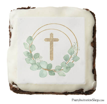 Gold Cross Eucalyptus Wreath First Communion Frosted Brownies