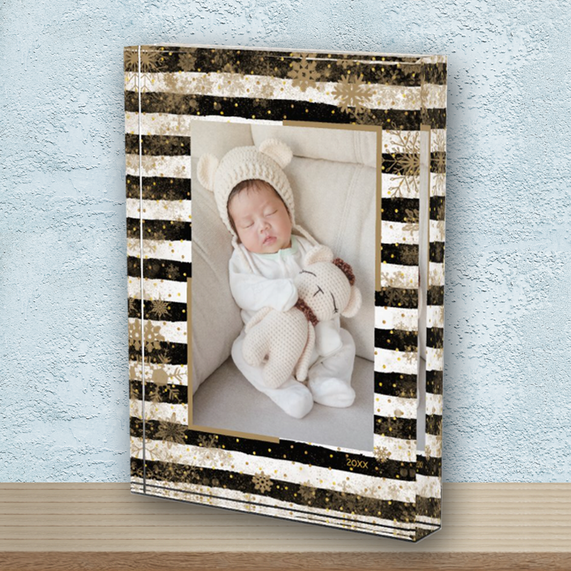 Gold Snowflakes on Black White Stripes Acrylic Photo Block