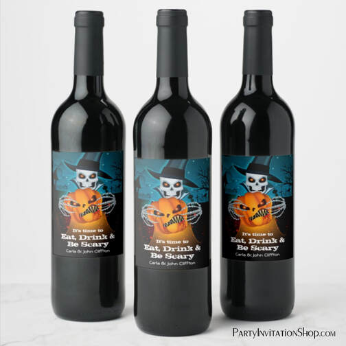 Scary Skeleton and Pumpkin Halloween Wine Labels