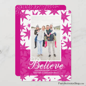 Pink Glitter Stars Christmas Photo Holiday Cards