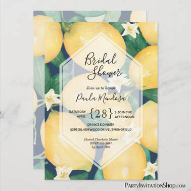 Watercolor Lemons on Navy Bridal Shower Invitations