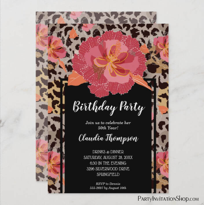 Animal Print Floral Birthday Party Invitations