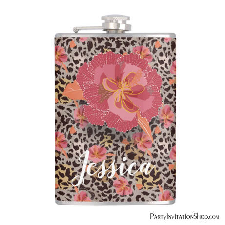 Leopard Print and Hot Pink Flowers Vinyl Wrapped Flask