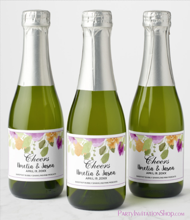 Cheers Purple Watercolor Flowers Mini Champagne Bottle Labels - See the entire suite at PartyInvitationShop.com