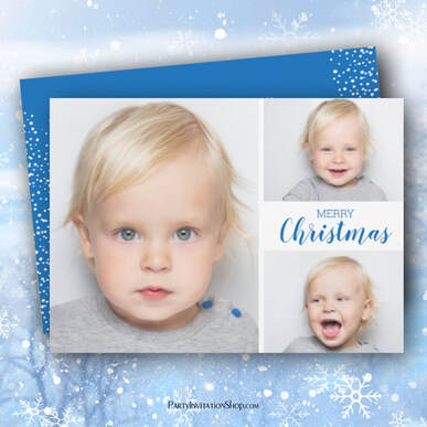 Multiple Photo Blue Merry Christmas Holiday Greeting Cards