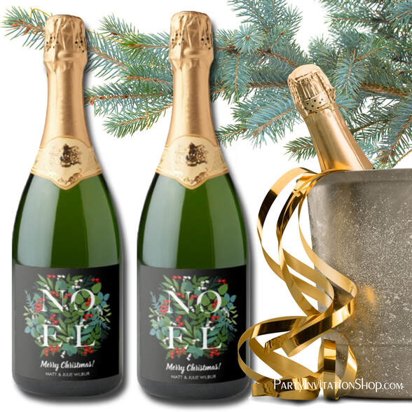 NOEL Greenery Berries Holiday Champagne Labels
