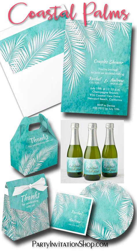 White palm fronds on a variety of background colors are fun for bridal shower invitations, wedding anniversary, birthday party, retirement party and more, just change the wording. Shop PartyInvitationShop.com to see it all!